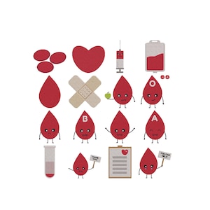 May include: A collection of cartoon illustrations related to blood donation and blood types. The image includes red blood cells, a heart, a syringe, a blood bag, a bandage, and various blood drop characters labeled with blood types.