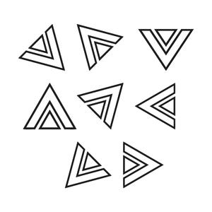 May include: Eight black and white geometric triangle designs are displayed. Each triangle has a nested, smaller triangle inside, creating a layered effect. The triangles are positioned in different directions against a white background.