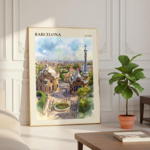 Vibrant Park Güell Barcelona Wall Art, Colorful Gaudi City Poster, Scenic Spain Landmark Print, Artistic Lively Travel Decor