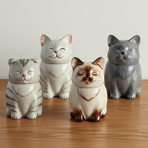 Może przedstawiać: Cztery ceramiczne pojemniki w kształcie kota z pokrywkami. Każdy kot ma uśmiechniętą twarz i jest w innym kolorze i wzorze. Kolory obejmują szary, biały i kremowy z brązowymi akcentami. Pojemniki znajdują się na drewnianej powierzchni.