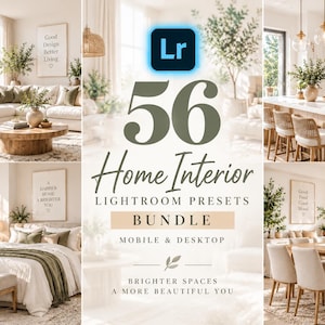 Peut inclure: Un ensemble numérique de 56 préréglages Lightroom pour intérieurs, utilisables sur mobile et ordinateur. L'image affiche le logo Adobe Lightroom et le texte 56 Home Interior Lightroom Presets Bundle, Brighter Spaces A More Beautiful You.