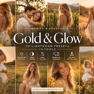 May include: A digital product display titled Gold & Glow featuring 50 Lightroom presets and 15 tools. The image includes eight photographs of people in sunlit fields with warm golden tones, text overlays, and icons for photo editing features.