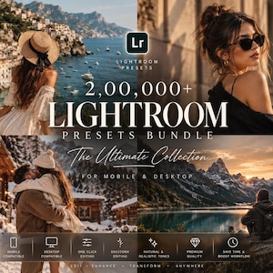 Può includere: Una pubblicità per un pacchetto di preset Lightroom con quattro scene fotografiche: una città costiera, un ritratto, una baita innevata e un lago di montagna. Il testo recita 2.000.000+ LIGHTROOM PRESETS BUNDLE, The Ultimate Collection e FOR MOBILE & DESKTOP.