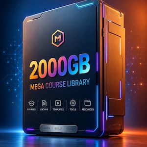 Könnte beinhalten: Ein schwarzes, rechteckiges digitales Speichergehäuse mit blauer und oranger Neonbeleuchtung. Die Vorderseite zeigt den Text 2000GB MEGA COURSE LIBRARY, ein Logo mit dem Buchstaben M sowie Symbole für courses, ebooks, templates, tools, resources. LEARN BUILD GROW.