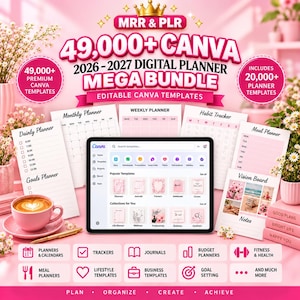 Pacchetto di oltre 49.000 modelli digitali per agenda, Mrr PLR, Canva, GoodNotes, Notability, modelli Canva modificabili, prodotto digitale Mrr PLR per la rivendita.