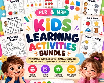 Kids Learning Activities Bundle Mrr Plr Preschool Worksheets Printable, Homeschool Educational Templates, Canva Editable Kids Activities