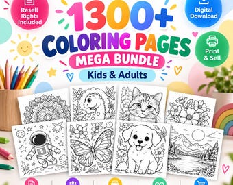 Puede incluir: Un paquete de descarga digital con más de 1300 páginas para colorear para niños y adultos. El gráfico incluye el texto PLR & MRR 1300+ COLORING PAGES MEGA BUNDLE, mostrando ilustraciones en blanco y negro de un mandala, dinosaurio, gato, flores, astronauta, mariposa, cachorro y paisaje.