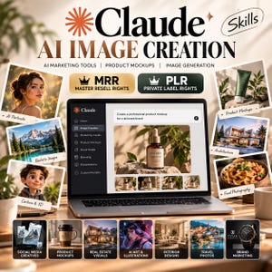 Claude AI-vaardigheden voor het maken van afbeeldingen, AI-toolkit voor het genereren van afbeeldingen, prompts voor productmockups, AI-marketingvisuals, digitale download