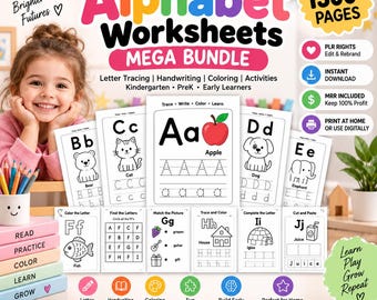 May include: A digital product bundle titled Alphabet Worksheets Mega Bundle with 1300+ pages. It features letter tracing, handwriting, coloring, and activity sheets for kindergarten and pre-K. Includes PLR rights, instant download, and MRR options.