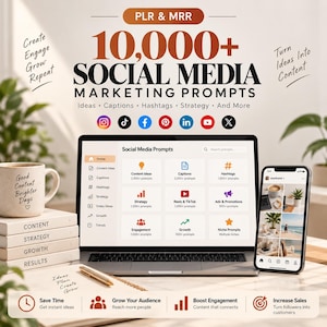 Peut inclure: Une ressource de marketing numérique intitulée 10,000+ Social Media Marketing Prompts avec un ordinateur portable affichant un tableau de bord, un smartphone montrant une grille Instagram, une tasse, des livres et un carnet avec un stylo.