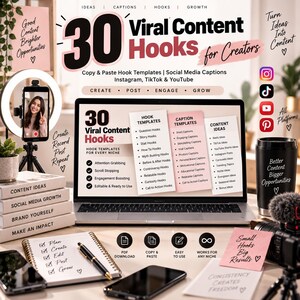 May include: A digital marketing resource titled 30 Viral Content Hooks for Creators displayed on a laptop screen, surrounded by a ring light, a notebook with a pen, a black tumbler with text, a camera, and sticky notes with motivational phrases.