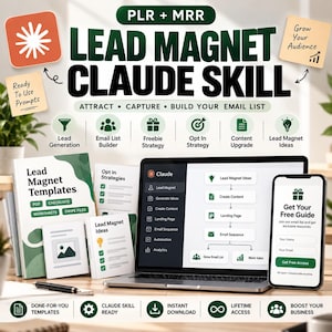 Könnte beinhalten: Ein digitales Marketing-Ressourcen-Kit mit dem Titel PLR + MRR LEAD MAGNET CLAUDE SKILL. Das Set enthält einen Laptop und ein Smartphone mit Workflow-Grafiken sowie gedruckte Vorlagen, Checklisten und beschriftete Haftnotizen.