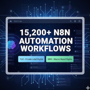 May include: A digital interface shows "15,200+ N8N AUTOMATION WORKFLOWS" in white text. The interface includes a brain graphic and buttons labelled "PLR - Private Label Rights" and "MRR - Master Resell Rights". The background features a circuit board design.