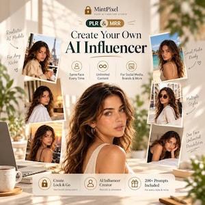 May include: A digital marketing graphic titled Create Your Own AI Influencer featuring a central portrait of a woman with long wavy brown hair surrounded by six smaller photos of the same person in various settings, plus text icons and labels.
