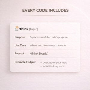 May include: A rectangular white informational card with dark brown text. The header reads EVERY CODE INCLUDES. Below, it displays the command /think [topic], followed by four labelled sections: Purpose, Use Case, Prompt, and Example Output with bullet points.