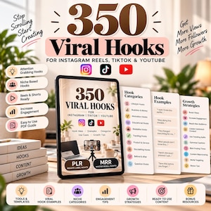 350 Viral Hooks for Instagram Reels TikTok and YouTube Mrr Plr , Social Media Hook Guide PDF, Content Creator Templates, PLR MRR Resell