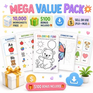 Könnte beinhalten: Werbebild für Lernmaterialien. Das Bild zeigt Karteikarten, Malvorlagen und Zuordnungsaktivitäten. Der Text enthält "MEGA VALUE PACK", "10.000 WORKSHEETS FREE" und "$100 BONUS INCLUDED". Eine Geschenkbox, eine Goldmünze und eine kleine Pflanze sind ebenfalls zu sehen.