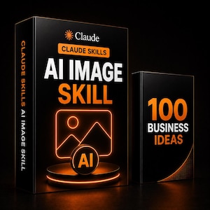 Puede incluir: Dos cajas rectangulares negras con detalles en naranja. La caja más grande presenta el texto Claude, Claude Skills, AI Image Skill y un icono naranja estilo neón de un paisaje con un círculo que contiene las letras AI. La caja más pequeña muestra 100 Business Ideas.