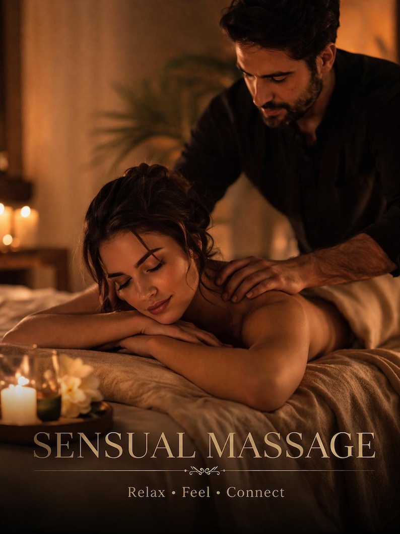 Puede incluir: Imagen que promociona un masaje sensual. Una persona recibe un masaje de otra persona. El texto "SENSUAL MASSAGE" se muestra, junto con las palabras "Relax &bull; Feel &bull; Connect". La escena est&aacute; tenuemente iluminada con velas.