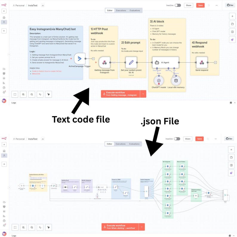 May include: Two screenshots of a software interface. The top image shows a workflow diagram with text boxes and arrows. The bottom image displays a more complex workflow. Text labels include "Text code file" and ".json File".