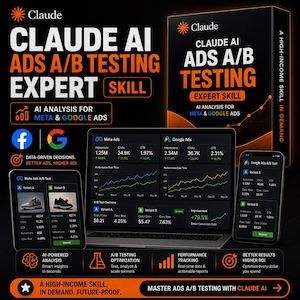 May include: A digital marketing graphic for Claude AI Ads A/B Testing Expert skill. It features a laptop, tablet, and smartphone displaying Meta and Google Ads performance dashboards, analytics charts, and A/B test results with orange and white text.