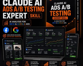 Könnte beinhalten: Eine digitale Marketinggrafik für die Fähigkeit Claude AI Ads A/B Testing Expert. Sie zeigt einen Laptop, ein Tablet und ein Smartphone mit Meta- und Google-Ads-Leistungs-Dashboards, Analysediagrammen und A/B-Testergebnissen in orangefarbenem Text.