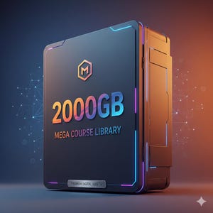 Może przedstawiać: Czarne urządzenie do przechowywania danych z napisem "2000GB MEGA COURSE LIBRARY" w gradientowym schemacie kolorów. Urządzenie posiada sześciokątne logo oraz słowa "PREMIUM DIGITAL ASSETS" na dole. Krawędzie obrysowane są niebieskimi i różowymi neonami.
