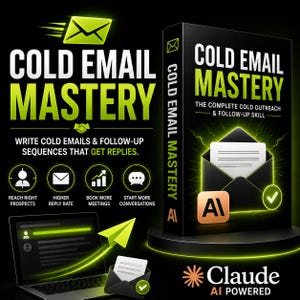 May include: A black box titled COLD EMAIL MASTERY with lime green text and an envelope icon. The box displays the subtitle THE COMPLETE COLD OUTREACH & FOLLOW-UP SKILL. Below, a laptop shows a digital interface with a lime green paper airplane icon.