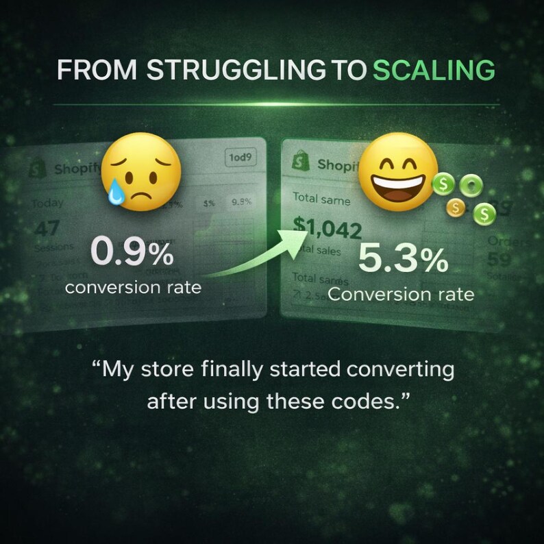May include: A digital graphic titled FROM STRUGGLING TO SCALING showing a Shopify dashboard comparison. A sad emoji with a 0.9% conversion rate transitions to a happy emoji with a 5.3% conversion rate and $1,042 in sales. Text reads: My store finally started converting after using these codes.