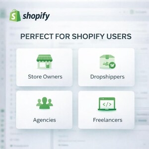 May include: A graphic featuring the Shopify logo and the text PERFECT FOR SHOPIFY USERS. Four white rectangular boxes display green icons and labels: Store Owners with a shop icon, Dropshippers with a box icon, Agencies with a group icon, and Freelancers with a laptop icon.