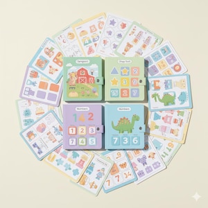 May include: A collection of colorful educational toys for children, including small books and matching cards. The books feature numbers and shapes, with illustrations of animals and objects. The cards have matching games and puzzles.
