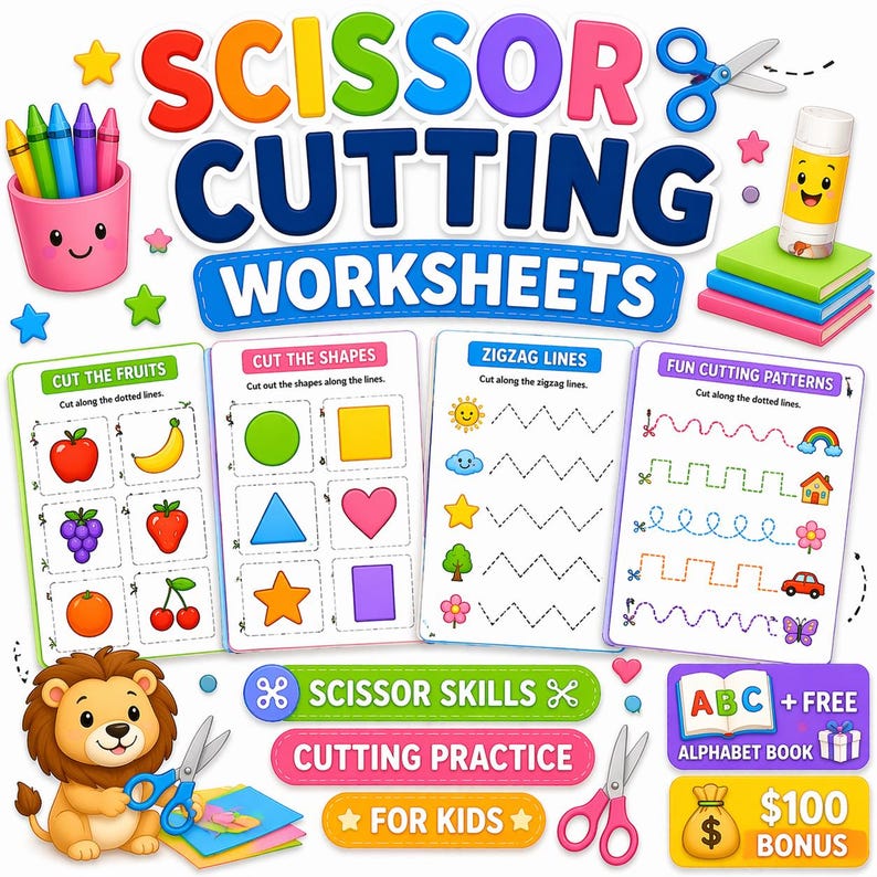 scissor skills kids, cutting worksheets, kids cutting practice, preschool cutting, toddler scissors, fine motor skills, cutting activity pdf, kids activity sheets, homeschool cutting, printable cutting, alphabet activity book, plr kids worksheets, mlr printable kids