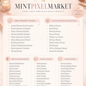 May include: An advertisement for digital Canva templates, including Home Property, Health & Wellness, Mental Health, School, and Other bundles. The design is soft pink with elegant fonts and graphics.