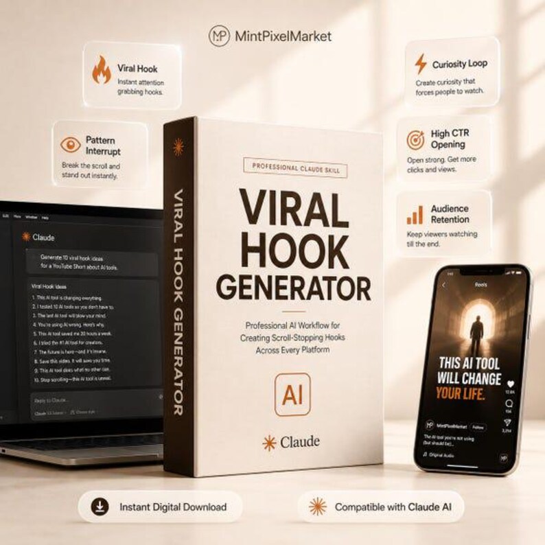 May include: A white book titled Viral Hook Generator with the subtitle Professional AI Workflow for Creating Scroll-Stopping Hooks Across Every Platform. The book is displayed next to a laptop screen showing Claude AI text and a smartphone screen.