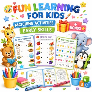 Puede incluir: Un gráfico educativo colorido para niños, con el texto "FUN LEARNING FOR KIDS". La imagen incluye actividades de emparejamiento, ejercicios de habilidades tempranas y lindos personajes de animales. También hay crayones, libros y una caja de regalo.