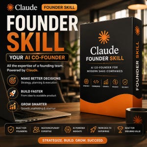 Könnte beinhalten: Eine schwarze und orangefarbene Produktbox mit der Aufschrift Claude Founder Skill und dem Text AI Co-Founder for Modern SaaS Companies. Die Box zeigt Symbole für Strategie, Technik, Wachstum, Finanzen und Sicherheit sowie den Slogan Strategize. Build. Grow. Succeed.