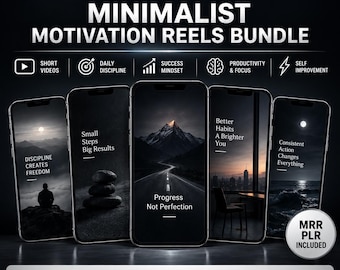 May include: A digital bundle of 1500+ minimalist motivation reels featuring five smartphones displaying motivational text and imagery. The graphic includes icons for short videos, daily discipline, success mindset, productivity, and self-improvement.