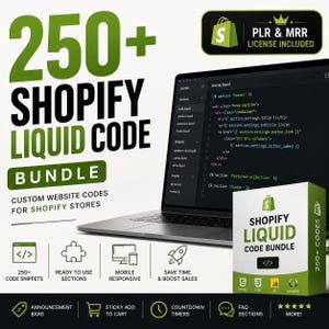 Op de afbeelding: Een digitaal productpakket met 250+ Shopify Liquid-codefragmenten, weergegeven met een laptop die code toont, een merkdoos en iconen voor mobiele responsiviteit, kant-en-klare secties en codefragmenten, met tekst die aangeeft dat een PLR & MRR-licentie is inbegrepen.