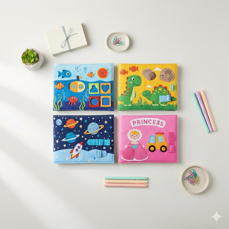 May include: Four colorful, soft fabric books for babies and toddlers. The books feature underwater, dinosaur, space, and princess themes. Each book has interactive elements and bright, engaging illustrations. The books are arranged on a white surface with other stationery items.