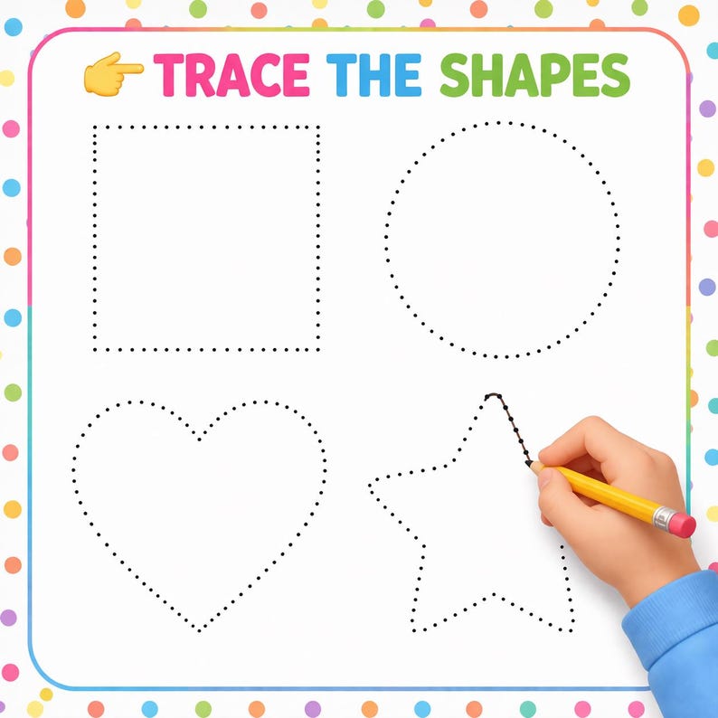 May include: A white educational worksheet with the text TRACE THE SHAPES in colorful letters. It features four black dotted outlines of a square, a circle, a heart, and a star. A yellow pencil is shown tracing the outline of the star shape.