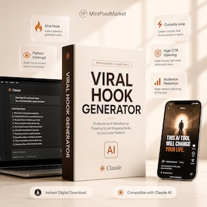 Pode incluir: Uma caixa branca rotulada Viral Hook Generator com texto sobre fluxos de trabalho de IA profissionais, posicionada entre um laptop com a interface Claude AI e um smartphone mostrando um vídeo com o texto This AI tool will change your life.