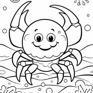 May include: A black and white line art illustration of a smiling crab with large claws, positioned in the center. The background features stylized ocean waves, scattered bubbles, and two floral shapes at the bottom of the frame.