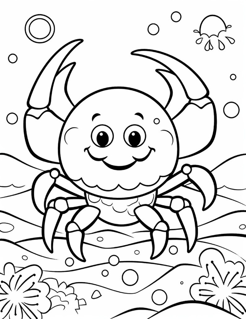 May include: A black and white line art illustration of a smiling crab with large claws, positioned in the center. The background features stylized ocean waves, scattered bubbles, and two floral shapes at the bottom of the frame.
