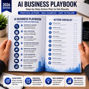Op de afbeelding: Een open boek getiteld AI Business Playbook 2026 Edition. De linkerpagina toont een stapsgewijs actieplan met iconen voor onderzoek, aanbodcreatie, systemen, automatisering, marketing, klantenwerving, levering en schalen. De rechterpagina bevat een genummerde actiechecklist van &eacute;&eacute;n tot tien.