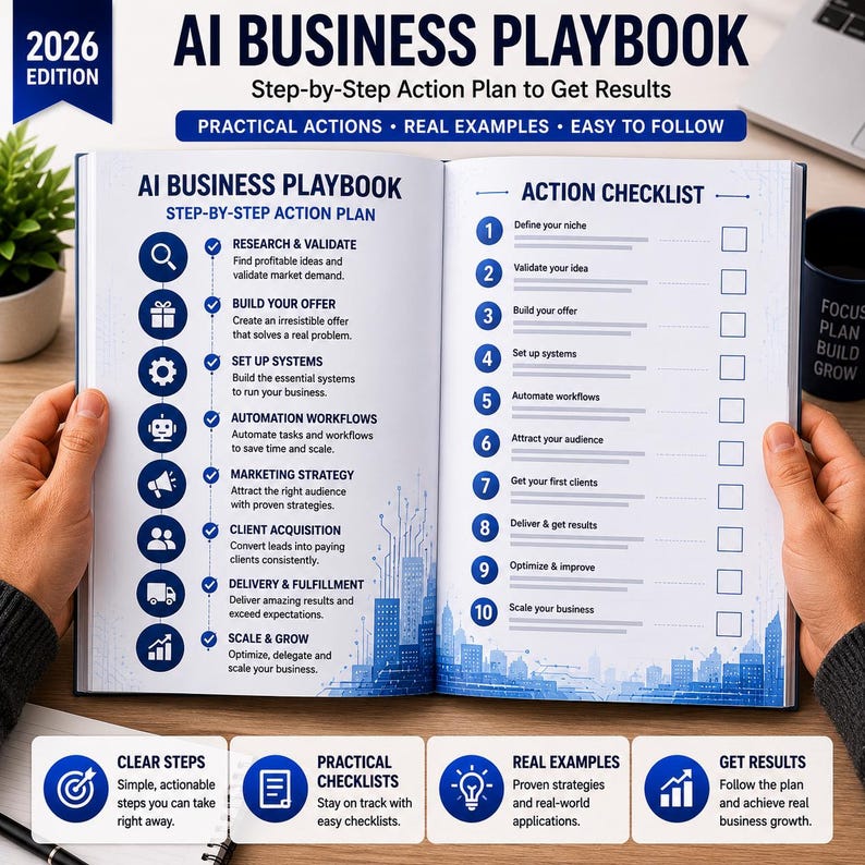 Op de afbeelding: Een open boek getiteld AI Business Playbook 2026 Edition. De linkerpagina toont een stapsgewijs actieplan met iconen voor onderzoek, aanbodcreatie, systemen, automatisering, marketing, klantenwerving, levering en schalen. De rechterpagina bevat een genummerde actiechecklist van &eacute;&eacute;n tot tien.
