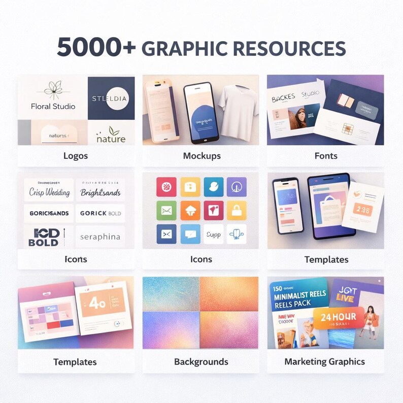 May include: A promotional graphic showcasing various design resources, including logos, mockups, fonts, icons, templates, backgrounds, and marketing graphics. The image features the text "5000+ GRAPHIC RESOURCES".