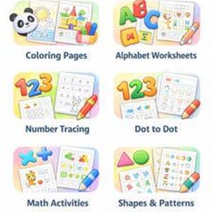May include: An educational activity set titled What's Included? featuring seven categories: Coloring Pages with a panda, Alphabet Worksheets, Number Tracing, Dot to Dot, Math Activities, Shapes & Patterns, and Mazes & Games with a lion illustration.