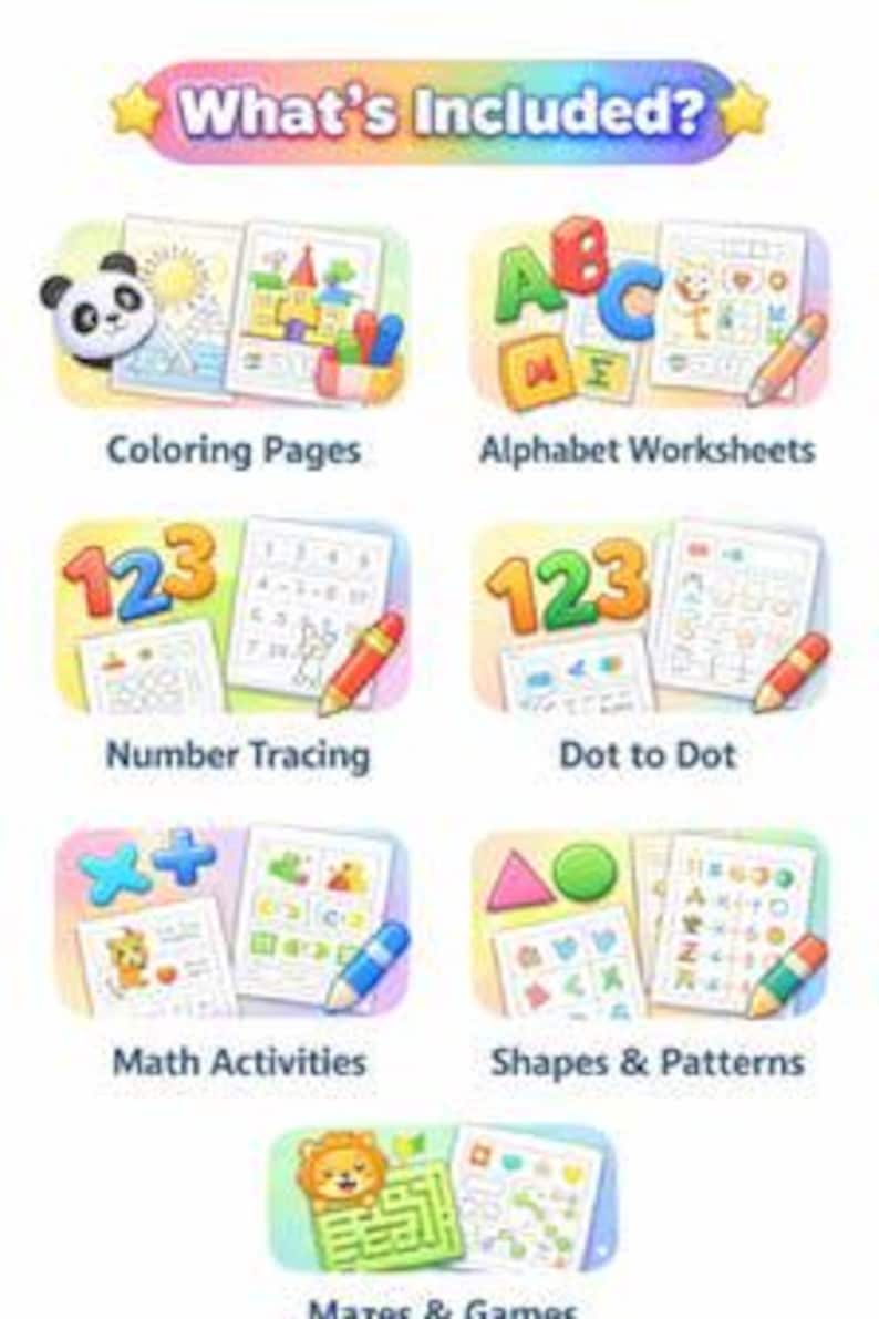 May include: An educational activity set titled What's Included? featuring seven categories: Coloring Pages with a panda, Alphabet Worksheets, Number Tracing, Dot to Dot, Math Activities, Shapes & Patterns, and Mazes & Games with a lion illustration.