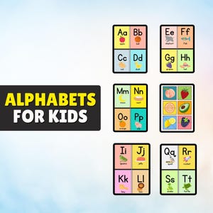 Peut inclure: Cartes d'alphabet color&eacute;es pour enfants, chacune pr&eacute;sentant une lettre avec une image et un mot correspondants. Les cartes comprennent des illustrations de pomme, ballon, chat, canard, &eacute;l&eacute;phant, poisson, raisins, chapeau, lune, nid, orange, cochon, iguane, gel&eacute;e, caille, fus&eacute;e, serpent et tortue.