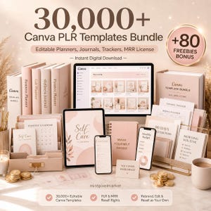 以下が含まれることがあります： 30,000以上のCanva PLRテンプレートバンドル。画像には、プランナー、ジャーナル、トラッカー、80個のボーナスが表示されています。ラップトップ、タブレット、携帯電話、ノート、本が含まれています。